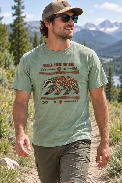 Badger graphic tee on a nature trail