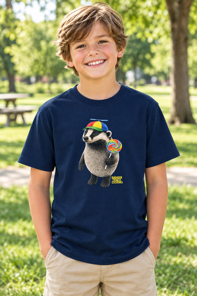 Child wearing the propeller-cap badger tee