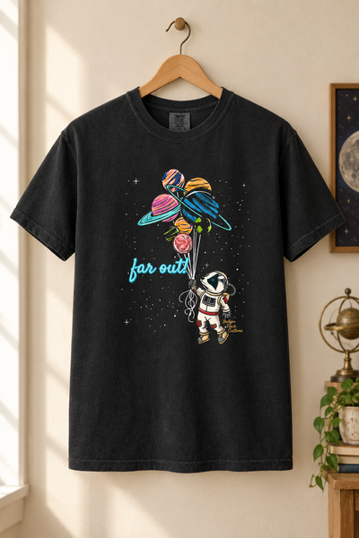 Far out tee on a hanger