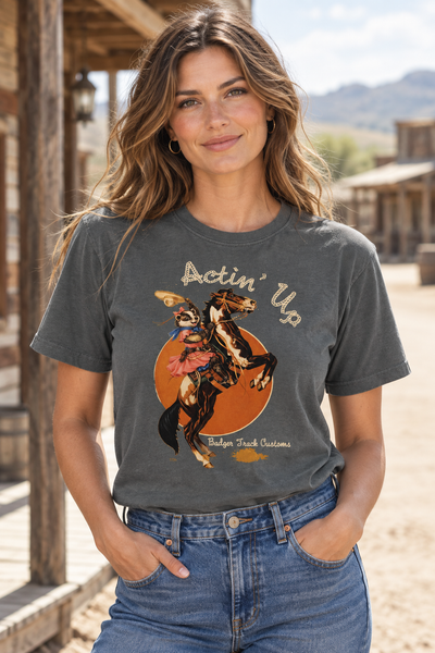 Female model wearing the shirt in a town setting