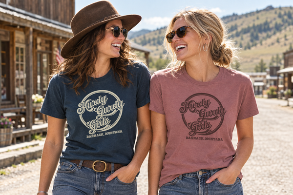 Friends wearing Hurdy Gurdy Girls tees in town