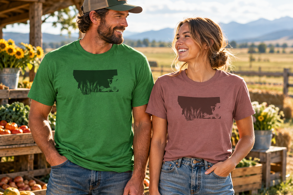 Green and mauve shirts at a farm stand