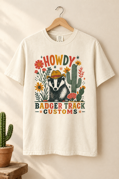 Howdy badger tee styled on a hanger
