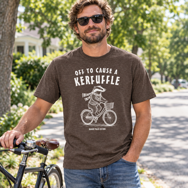 Male model wearing the Espresso Kerfuffle tee