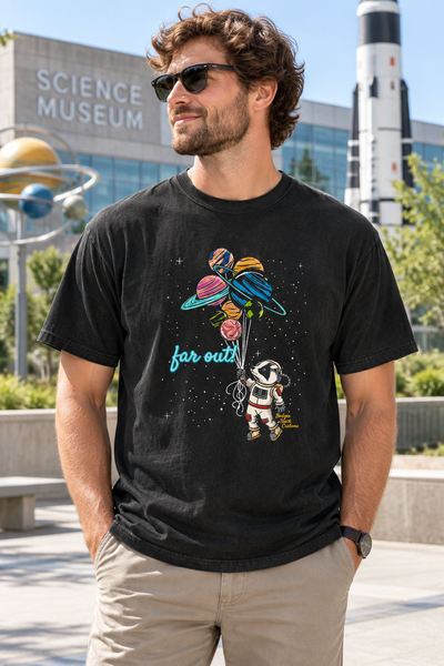 Man wearing the far out tee
