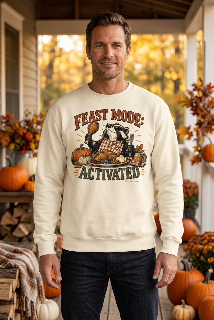 Man wearing the Feast Mode crewneck on an autumn farmhouse porch