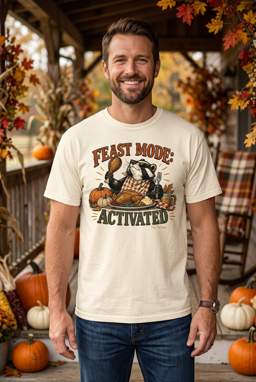 Man wearing the Feast Mode tee on an autumn farmhouse porch