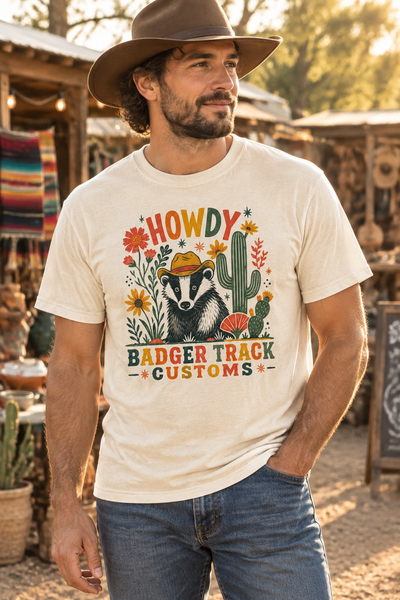 Man wearing the Howdy badger tee