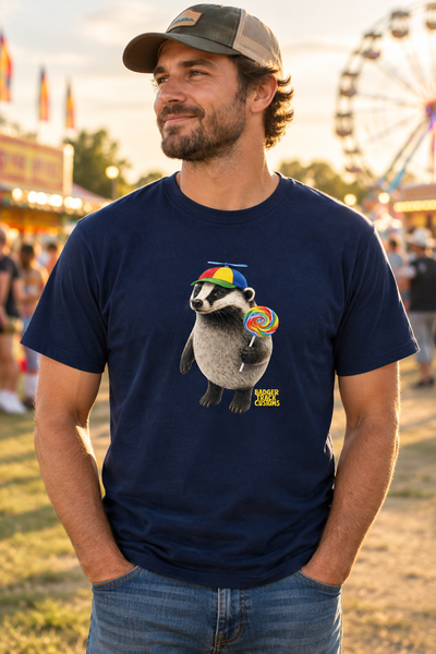 Man wearing the propeller-cap badger tee