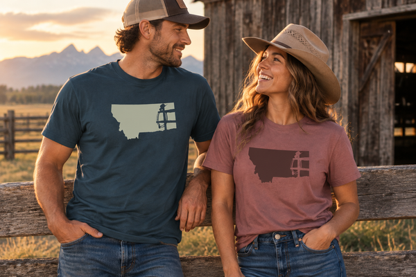 Navy and Mauve Rancher tees outside a barn