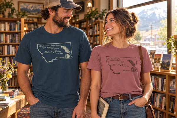 Navy and Mauve Steinbeck tees in a bookstore