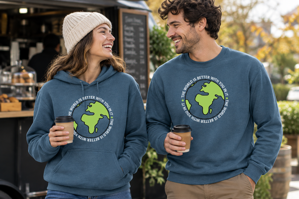 The World Is Better With You In It hoodie and crewneck at a coffee stand