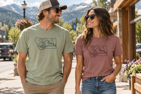 Thyme and Mauve Mountain Lines tees in a mountain town
