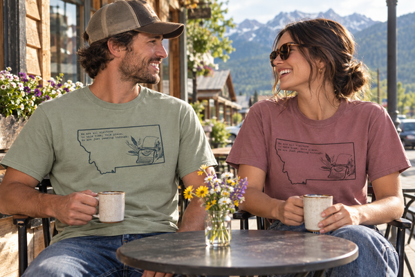 Thyme and Mauve Visitors tees at a café