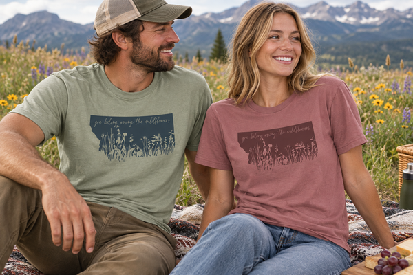 Thyme and Mauve wildflowers tees at a picnic