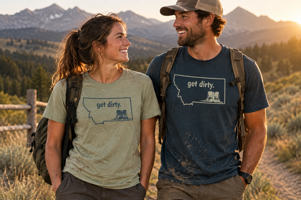 Thyme and navy Get Dirty shirts on a trail