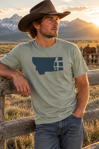Thyme Rancher tee by a ranch fence