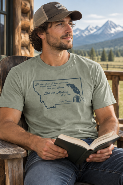 Thyme Steinbeck tee on a mountain porch