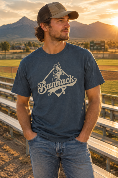 Vintage Navy Bannack tee at a baseball field