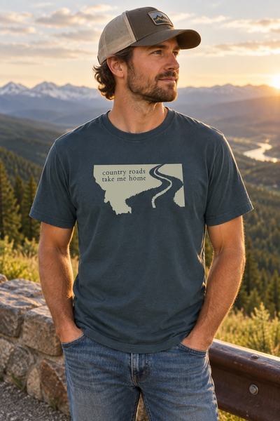 Vintage Navy country roads tee at a roadside overlook