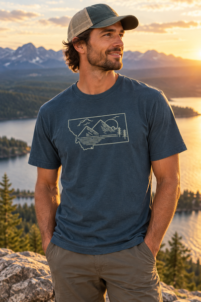 Vintage Navy Mountain Lines tee at a lake overlook