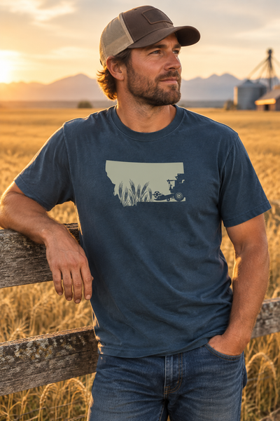 Vintage navy shirt at a Montana farm