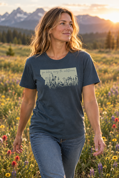 Vintage Navy wildflowers tee in a meadow