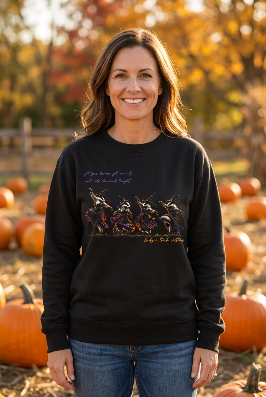 Woman wearing the black witch badger crewneck at a pumpkin patch