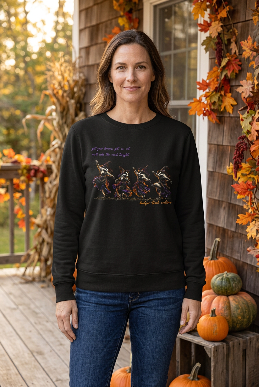 Woman wearing the black witch badger crewneck on an autumn porch