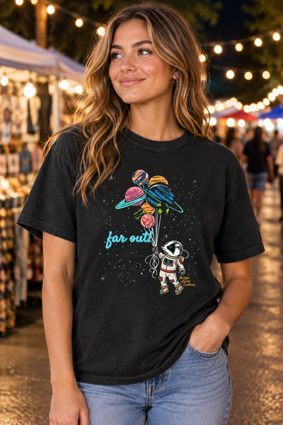 Woman wearing the far out tee