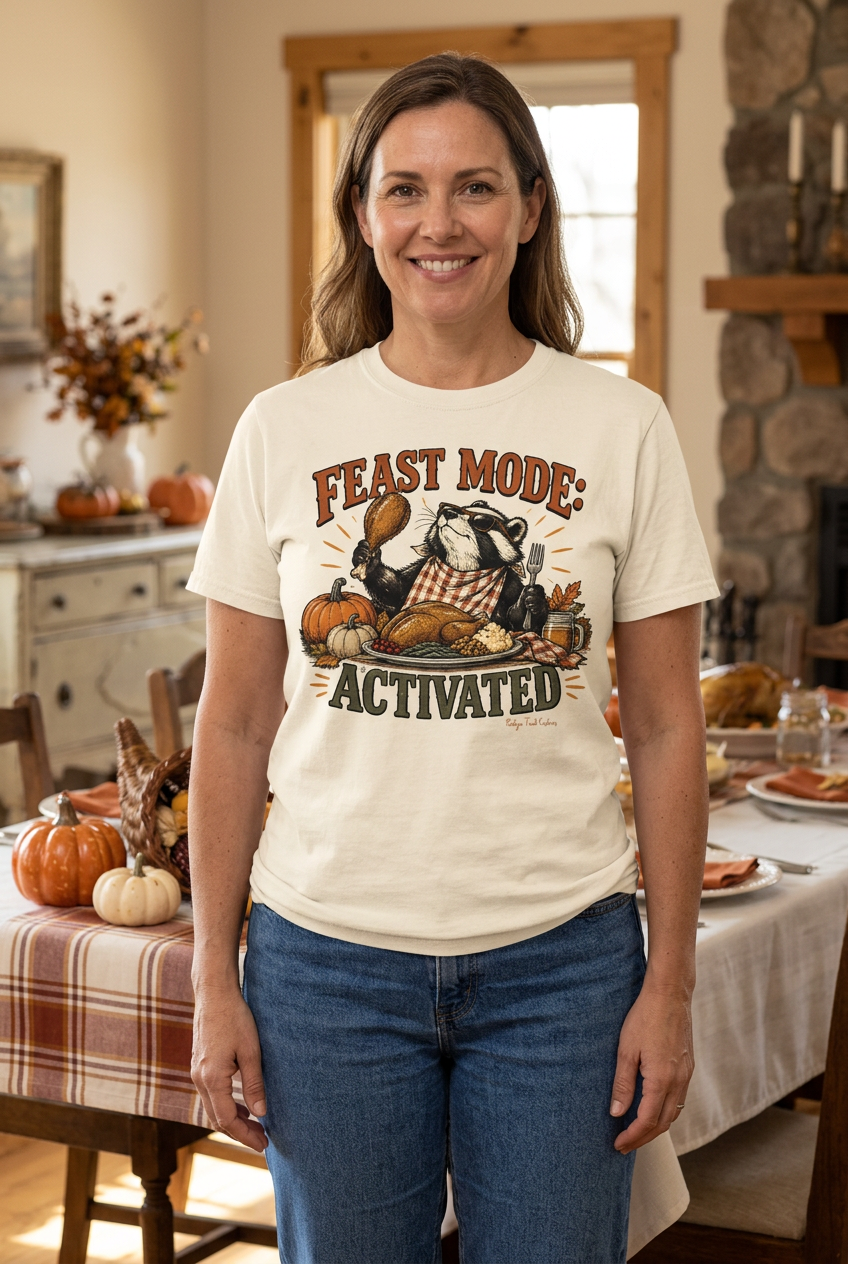 Woman wearing the Feast Mode tee in a Thanksgiving setting