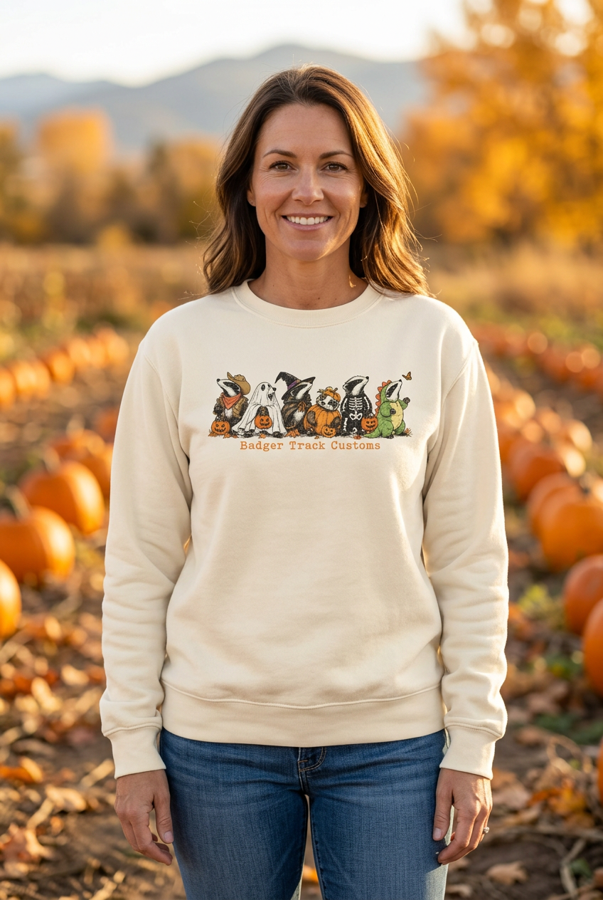 Woman wearing the Halloween badger crewneck at a pumpkin patch