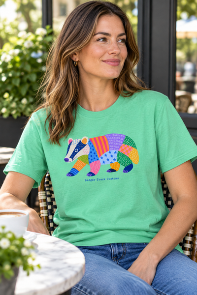 Woman wearing the patchwork badger tee