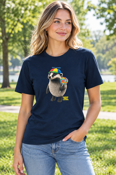 Woman wearing the propeller-cap badger tee