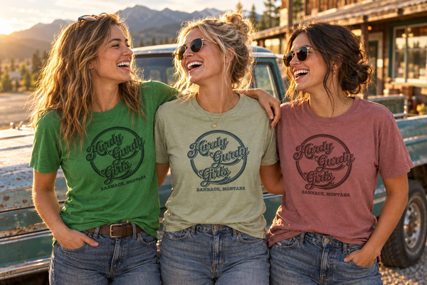 Women wearing Hurdy Gurdy Girls tees on a road trip